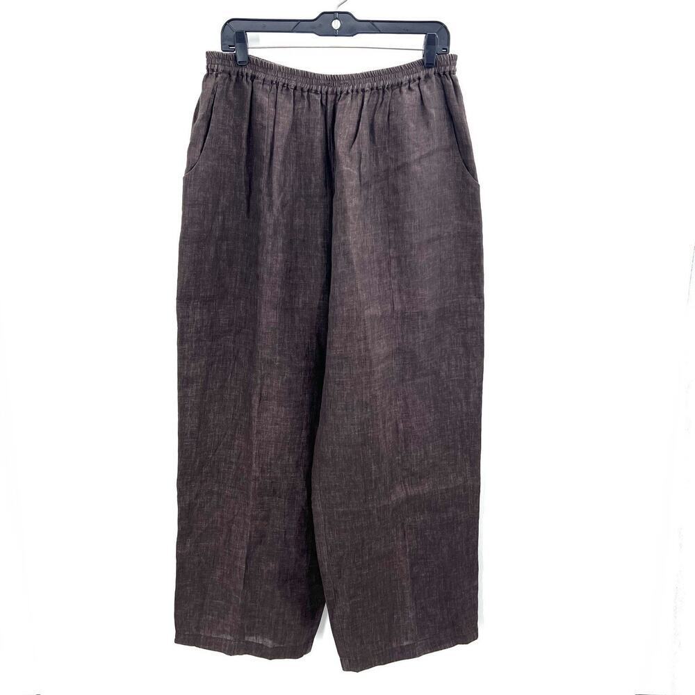 Eskandar Brown 100% Linen Lagenlook Pull On Wide Leg Trouser Pants Size 3